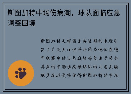 斯图加特中场伤病潮，球队面临应急调整困境