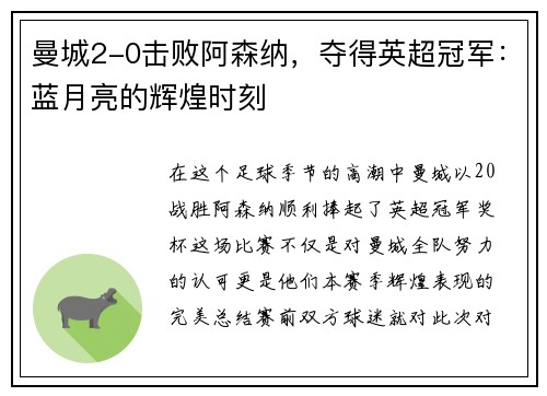 曼城2-0击败阿森纳，夺得英超冠军：蓝月亮的辉煌时刻