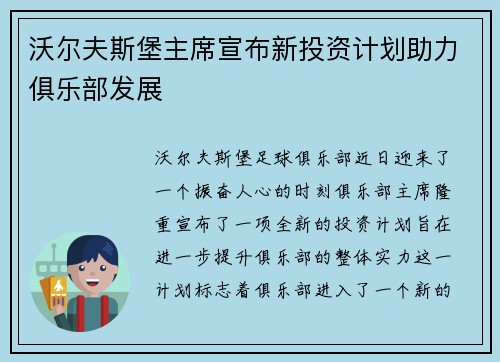沃尔夫斯堡主席宣布新投资计划助力俱乐部发展