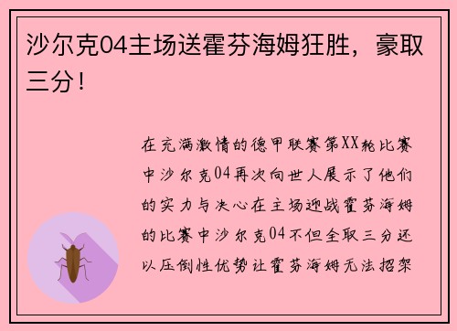 沙尔克04主场送霍芬海姆狂胜，豪取三分！